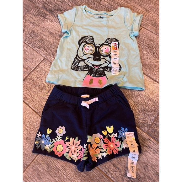 NWT Disney Baby 18 Months MIckey Mouse Short Outfit Set Shorts Top Floral Bling‎ - Picture 2 of 5